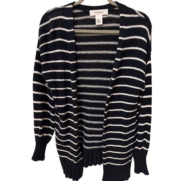 Workshop Sweaters - Workshop Open Front Cardigan Navy Blue & White Striped Size Small Preppy Classic